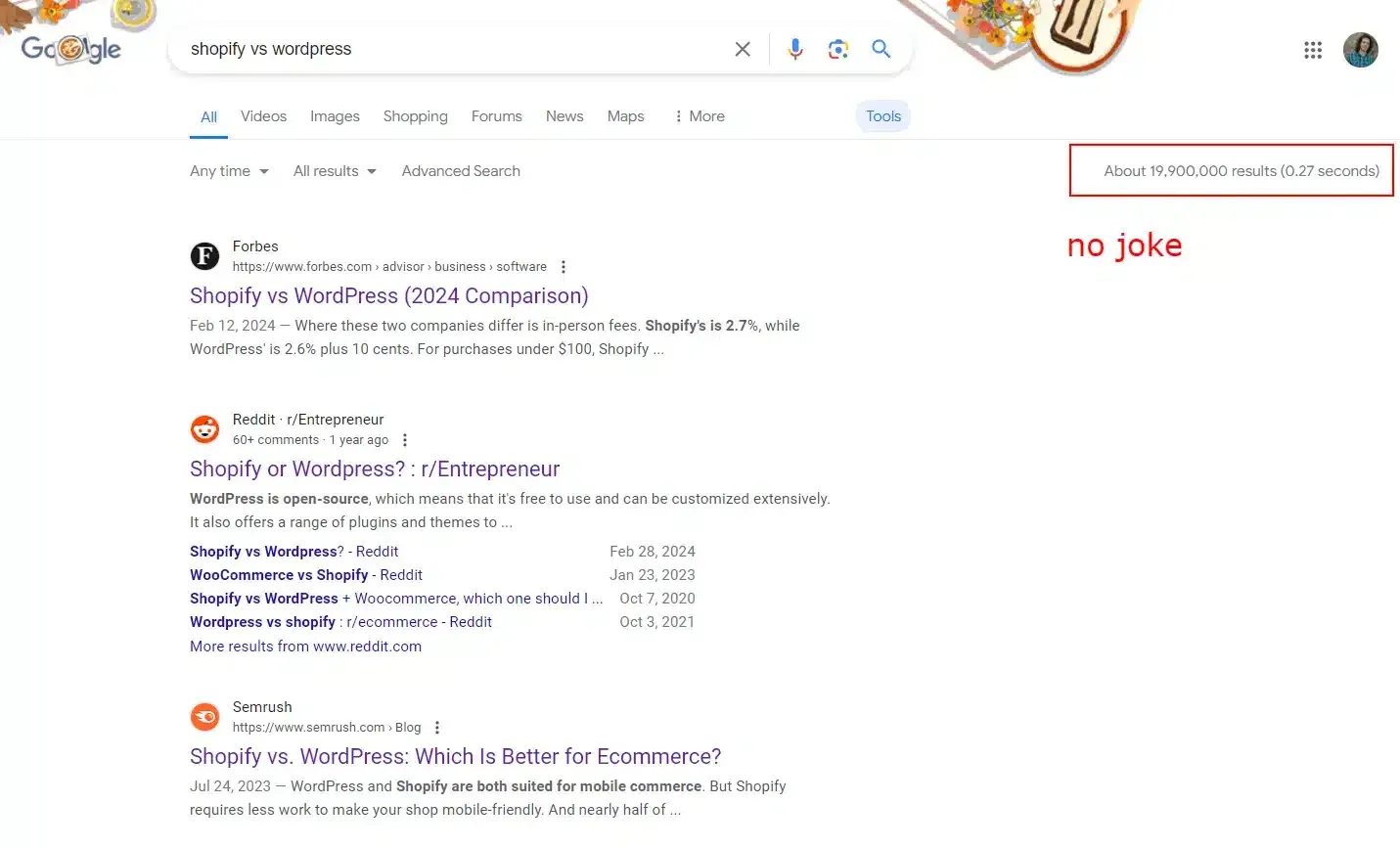 Google search shopif vs wordpress