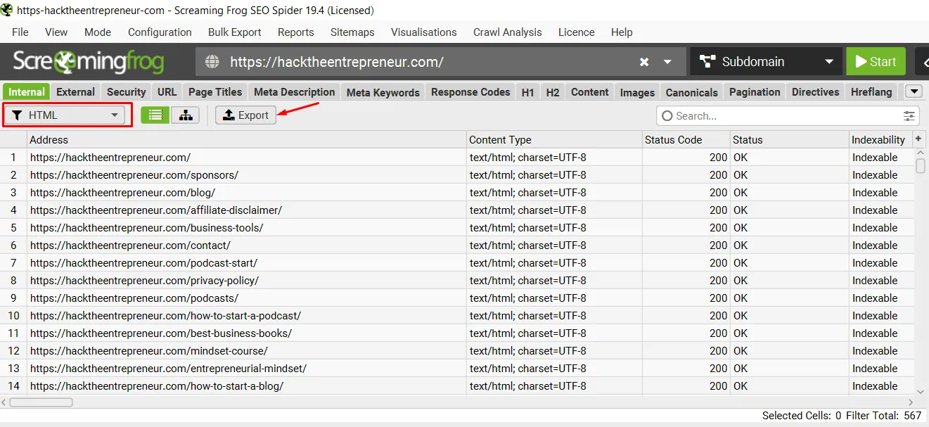 Screaming Frog HTML Export