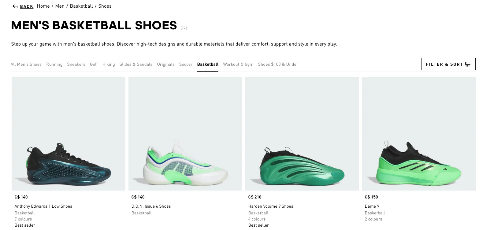 Adidas basketball shoes category page