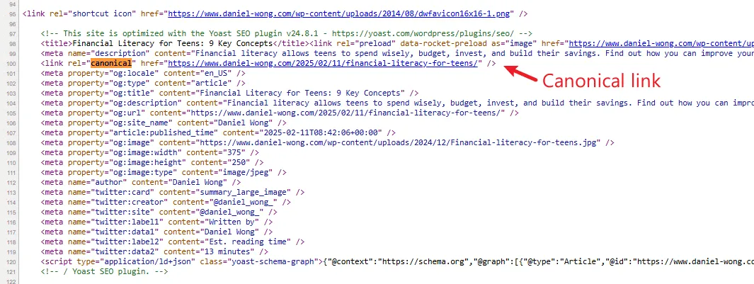 Canonical link tag in source code