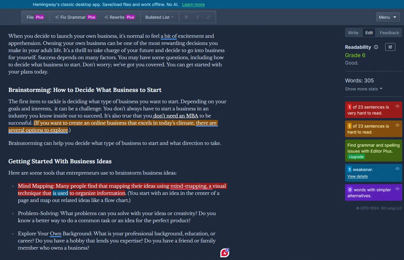 Hemingway app writing editor screenshot
