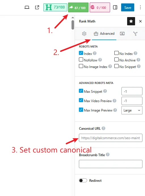 Canonical tag settings in RankMath