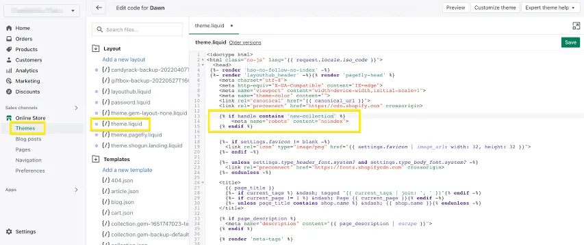 Shopify Liquid Noindex