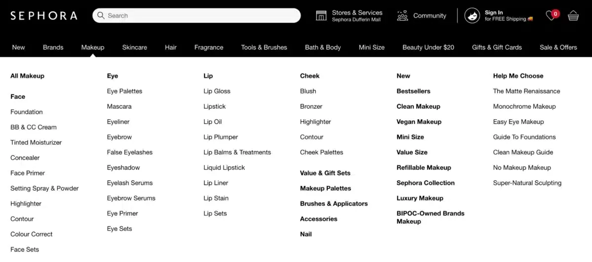 Sephora mega menu