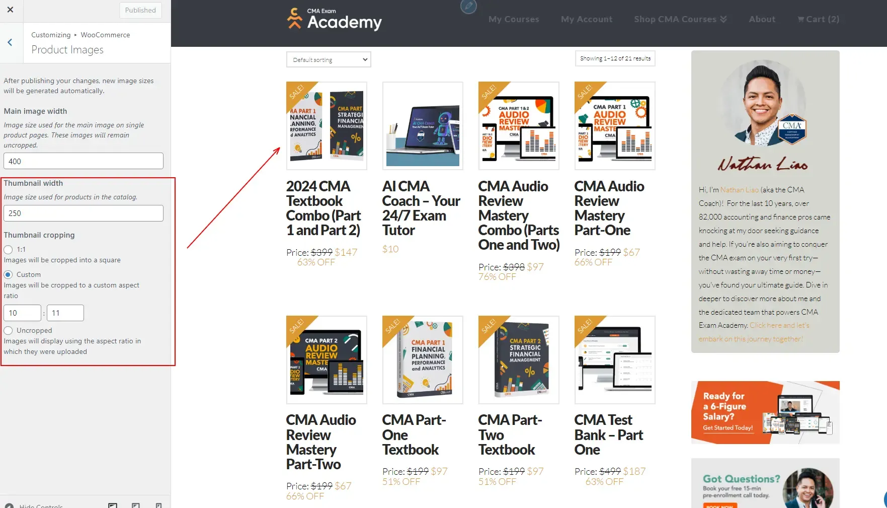 CEA WordPress product image settings