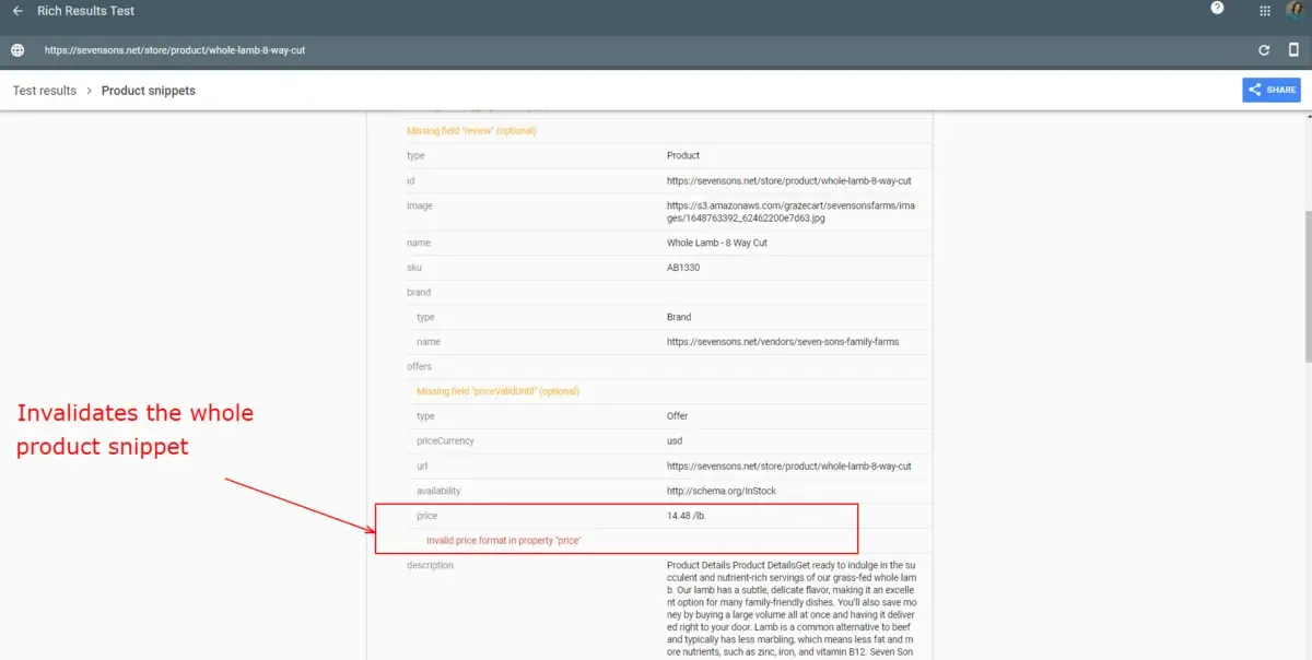Seven Sons Price Schema Error