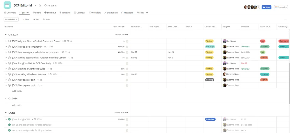 Asana DCP editorial calendar