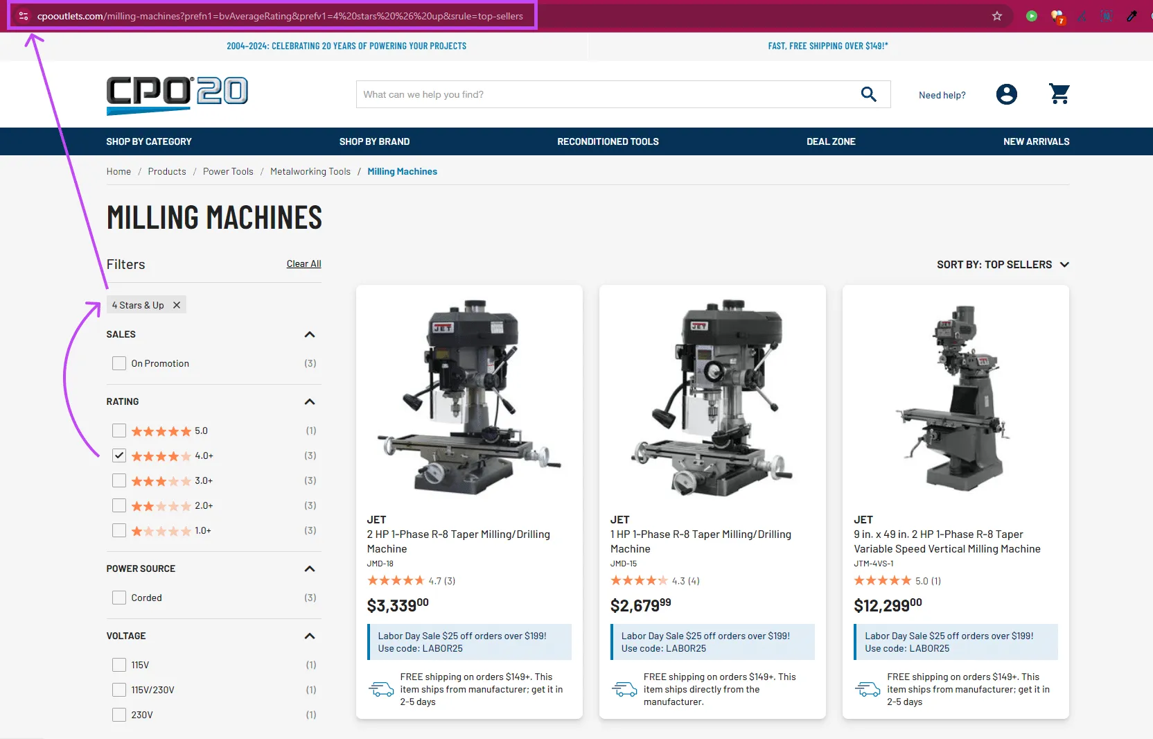 CPO Outlets dynamic URLs sorting product listings
