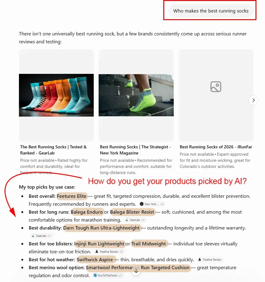 A ChatGPT conversation showing the answer to 'Who makes the best running socks?' — a short list of recommended brands.
