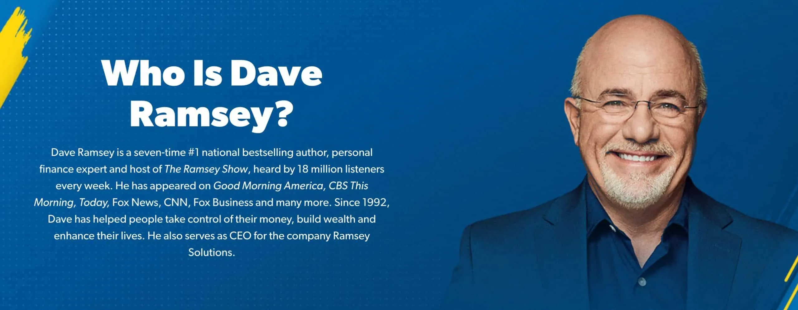 Ramsey Solutions website bio page for Dave Ramsey, bestselling author and personal finance expert