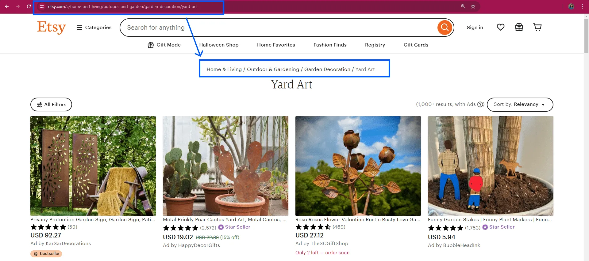 Etsy ecommerce URL structure - yard art subcategory category page