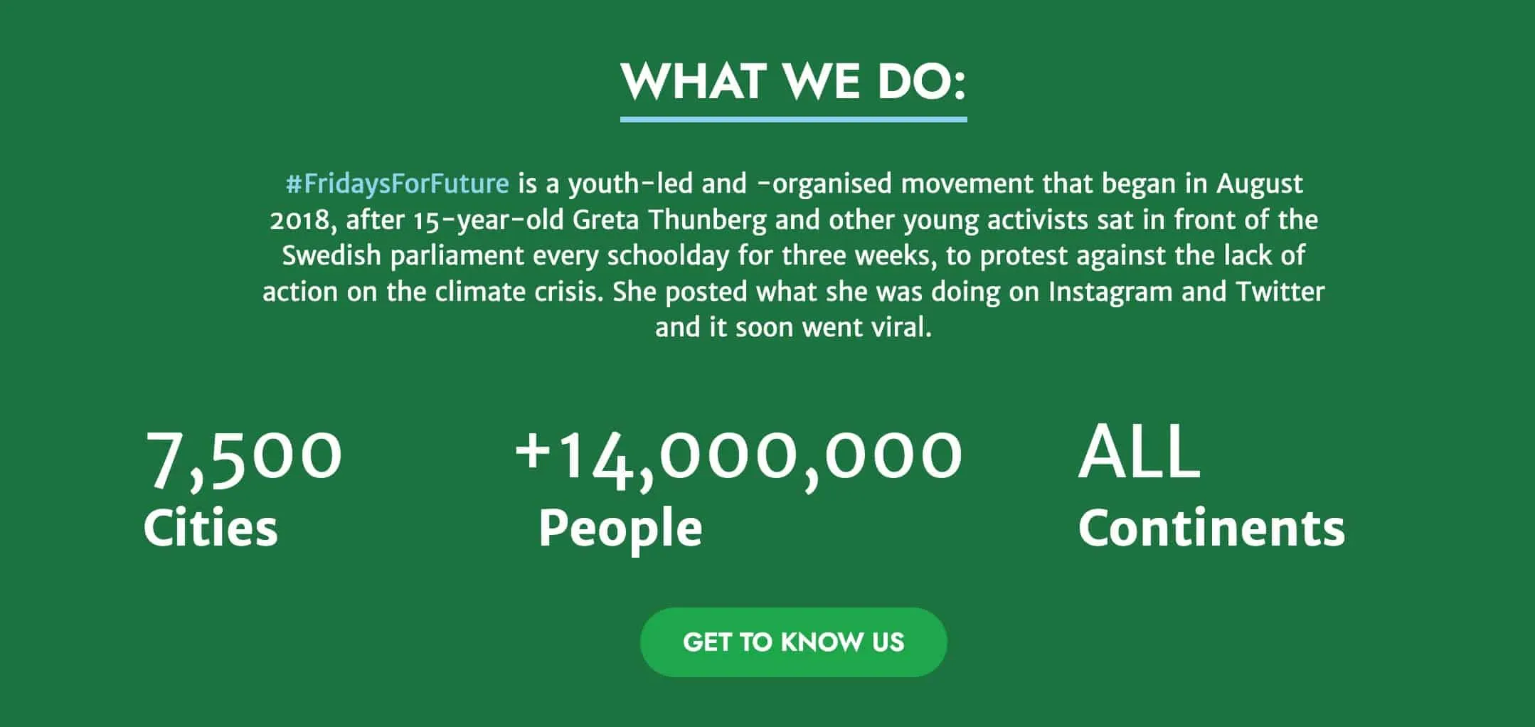 Fridays for Future website showing the movement has reached 7500 cities and over 14 million people across all continents