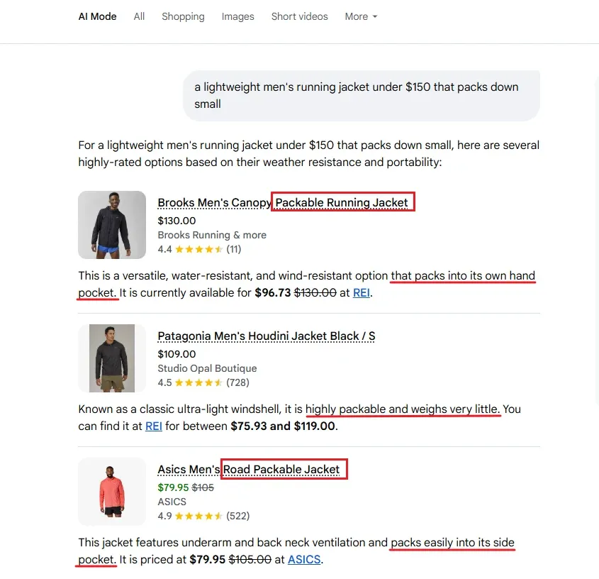 Google AI mode conversation about packable jackets