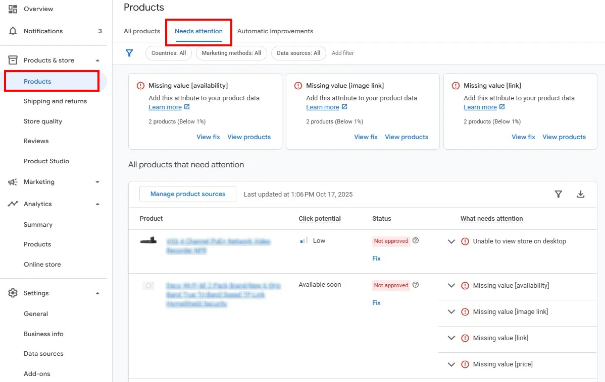 Google Merchant Center - Products with Issues