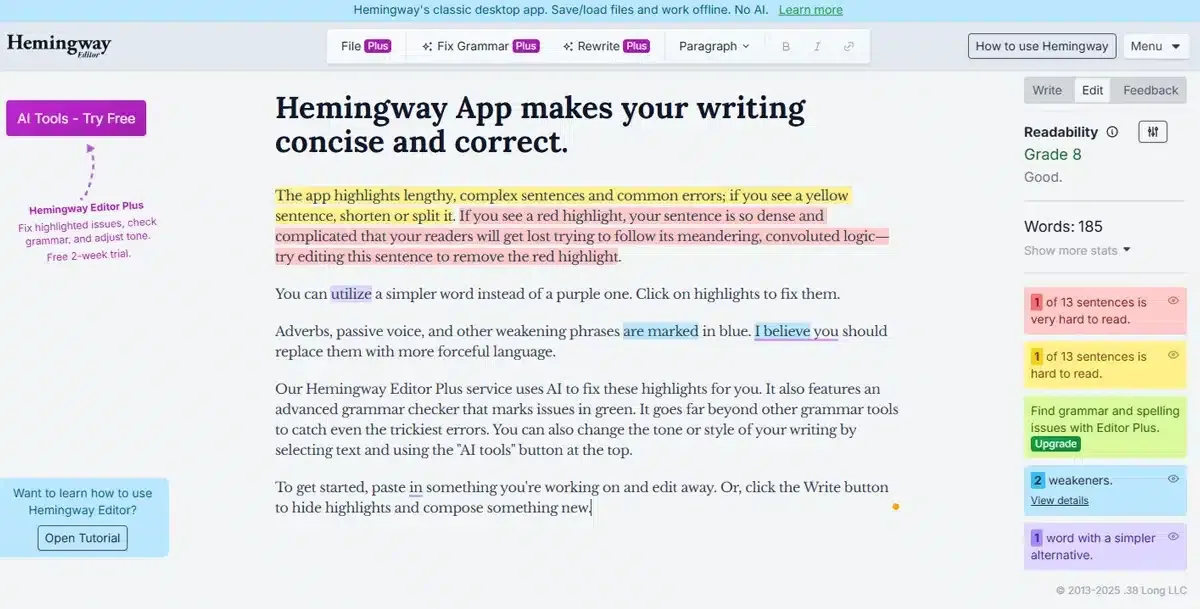 Hemingway App - Text editing tool