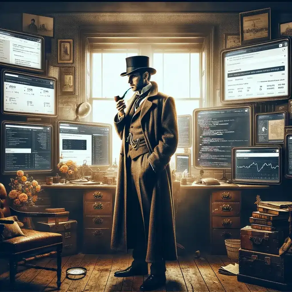 Late 19th-century British detective in modern digital office