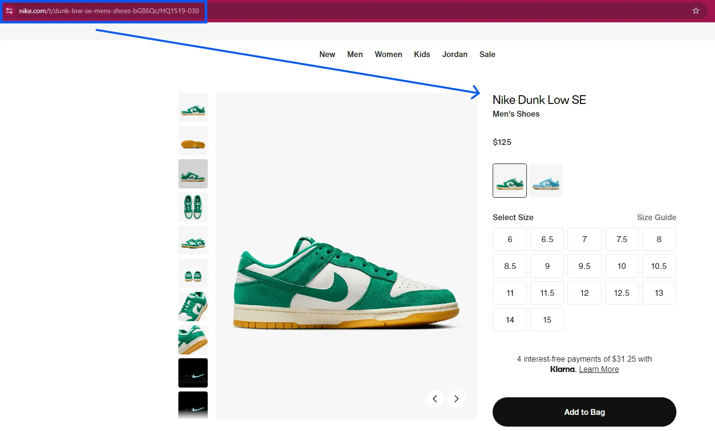 Nike ecommerce URL structure - shoes product page