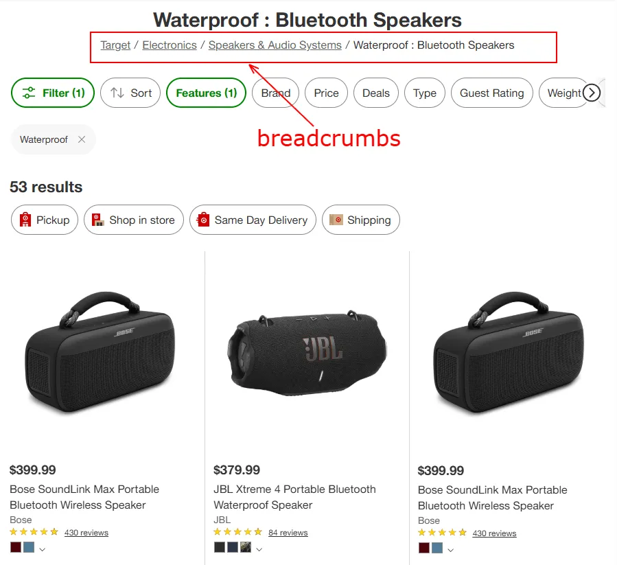 Product page breadcrumbs