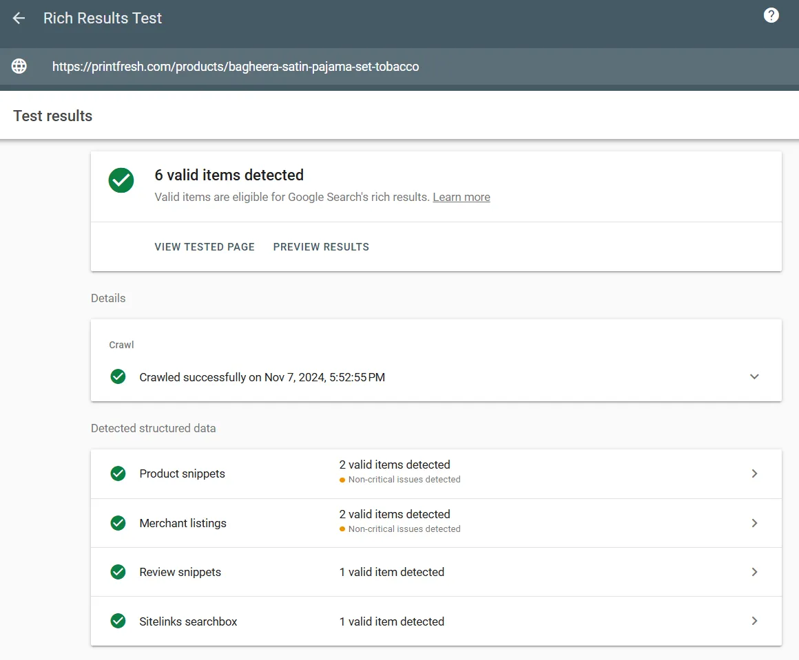 Rich Results Tester - Auditing a Printfresh product page
