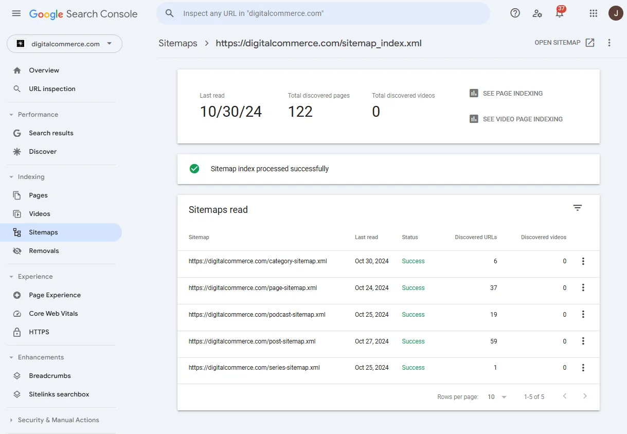 Google Search Console - sitemap report