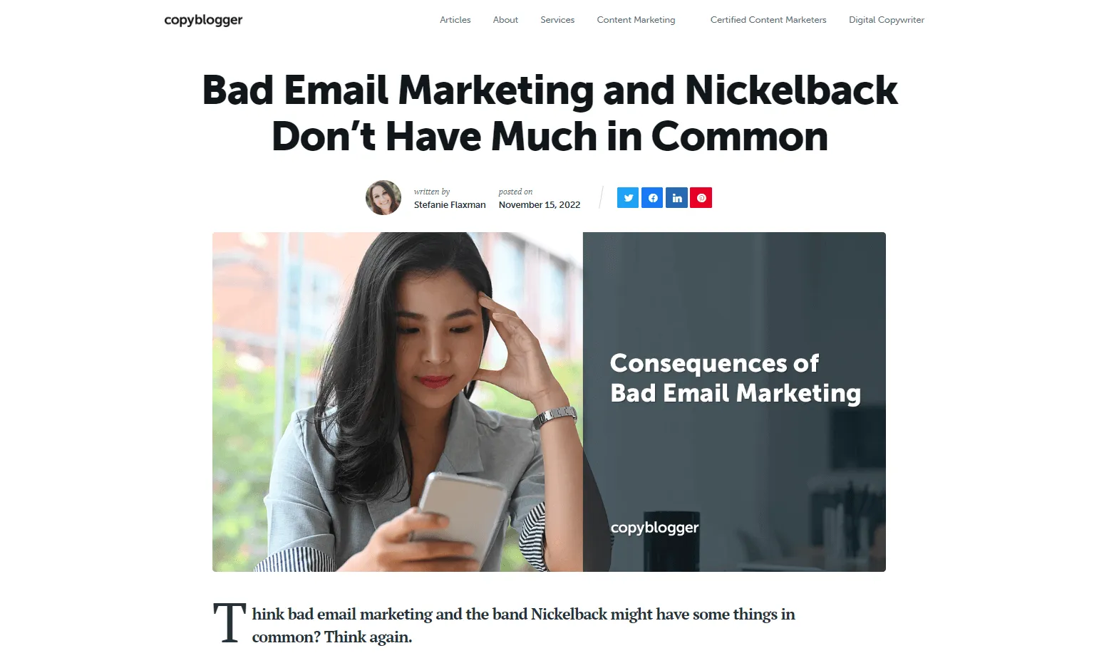 Copyblogger article titled Bad Email Marketing and Nickelback Don't Have Much in Common