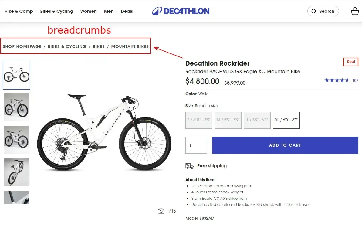 decathlon website breadcrumbs