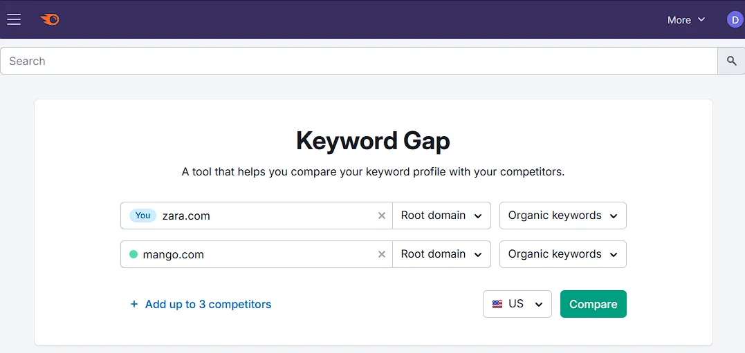 Semrush Keyword Gap Tool