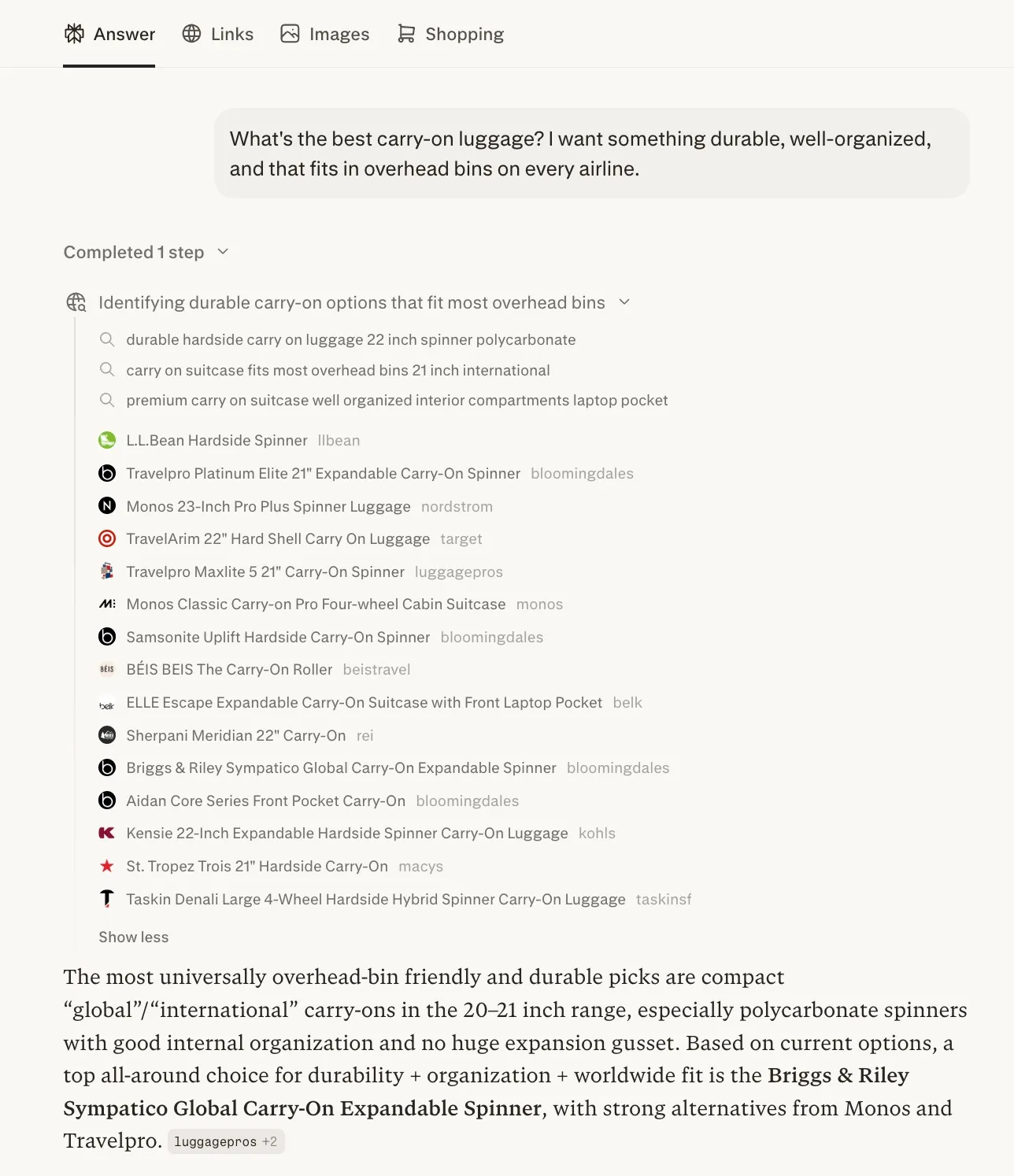 Perplexity search results for "What's the best carry-on luggage" — showing 15 products found but only recommending Briggs & Riley, Monos, and Travelpro