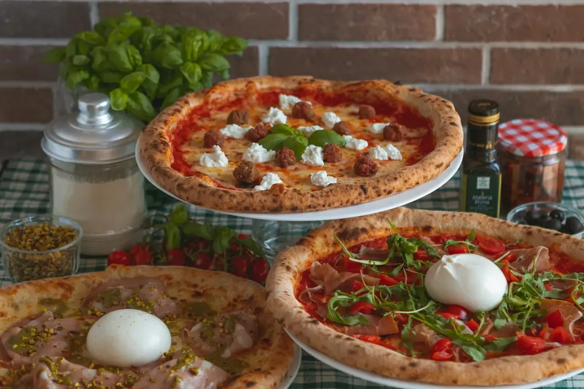 Multiple pizza arranged on table