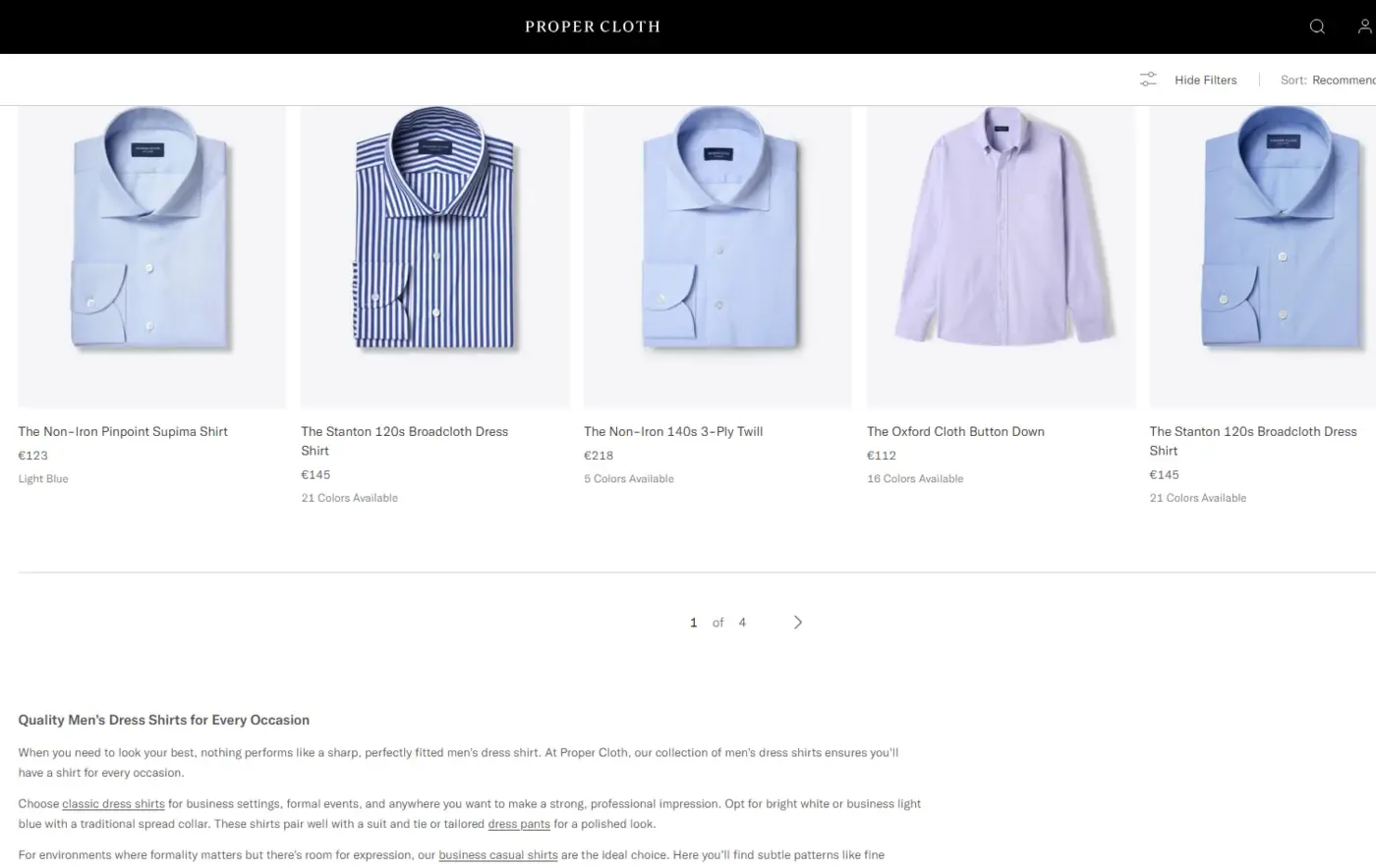 Proper Cloth Category page screenshot
