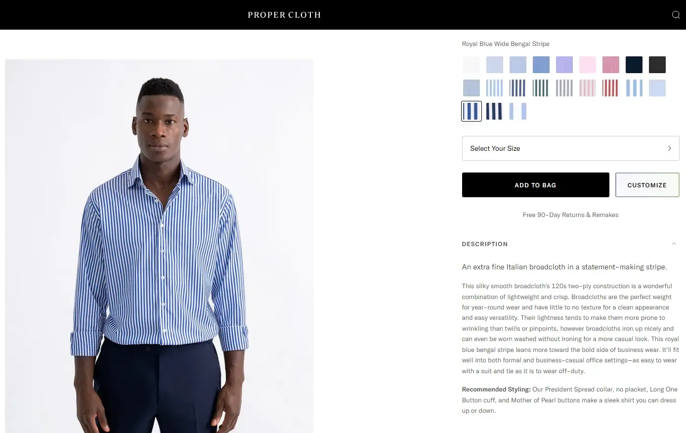 Proper Cloth Product page screenshot