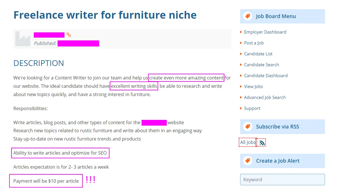 Screenshot of a low-quality freelance writing offer