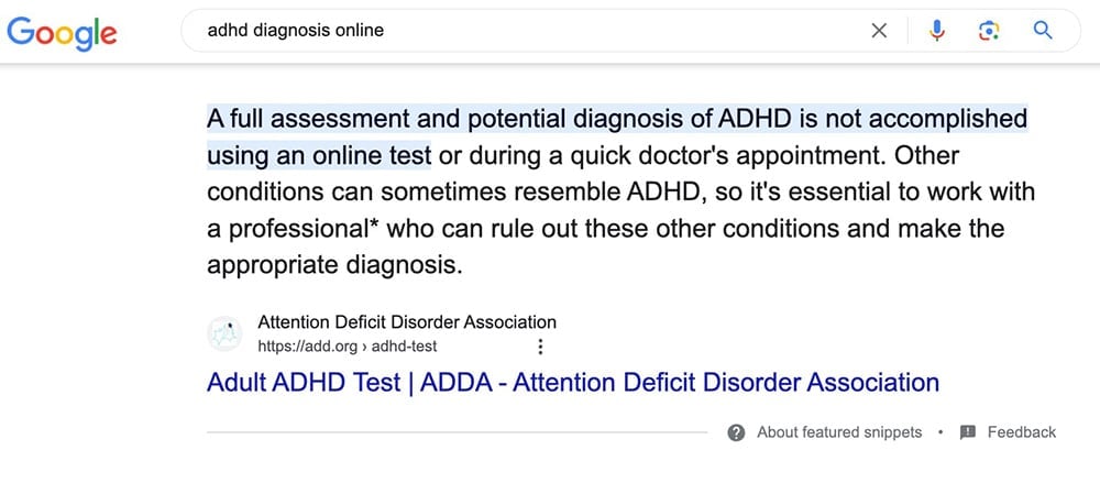 Google featured snippet for ADHD diagnosis online showing ADDA's content
