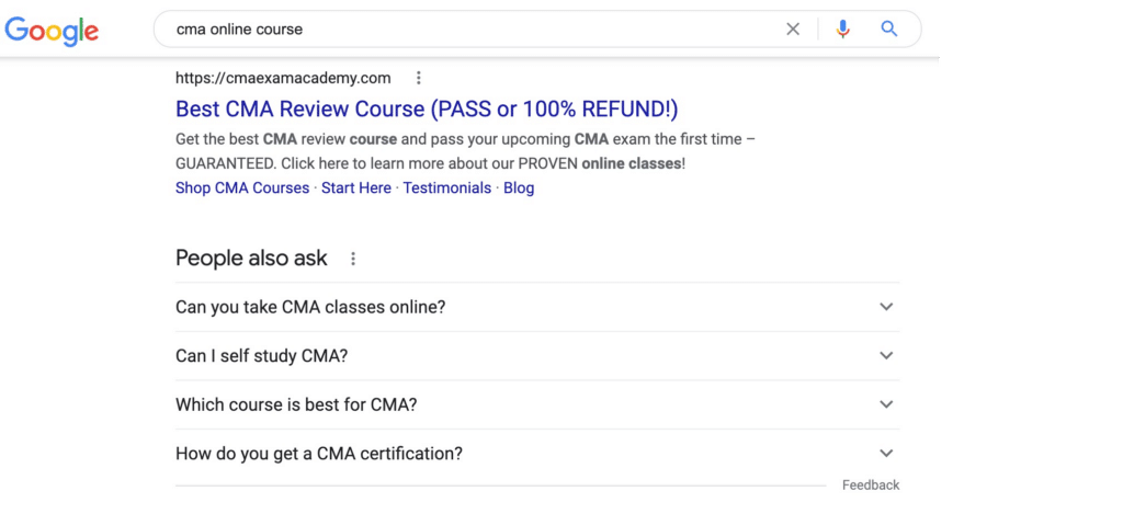 CMA online course SERP ranking