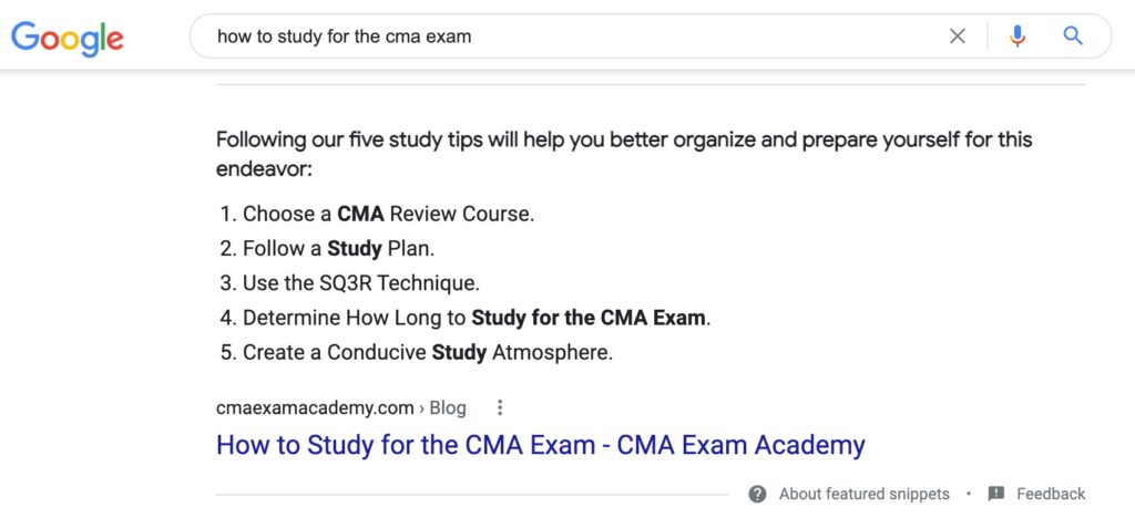 How to study for CMA exam SERP ranking