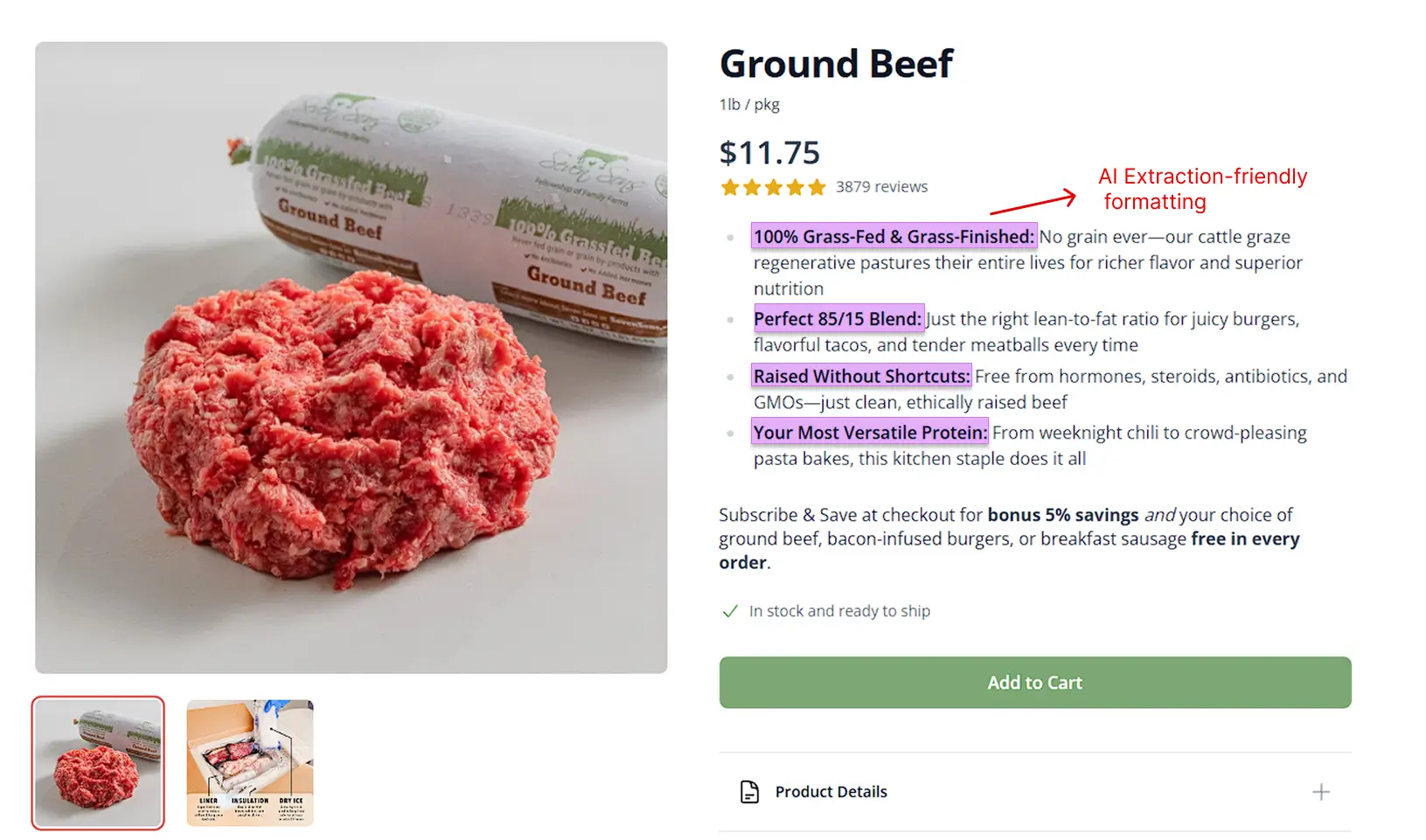 Grass-fed meat brand blog post with AI-optimized formatting