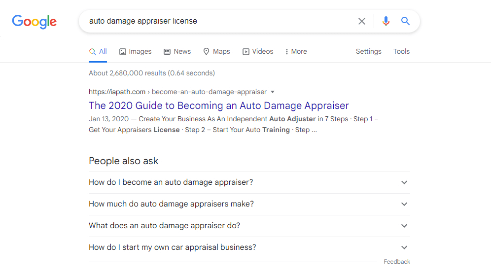 Google search results for auto damage appraiser license showing IA Path ranking