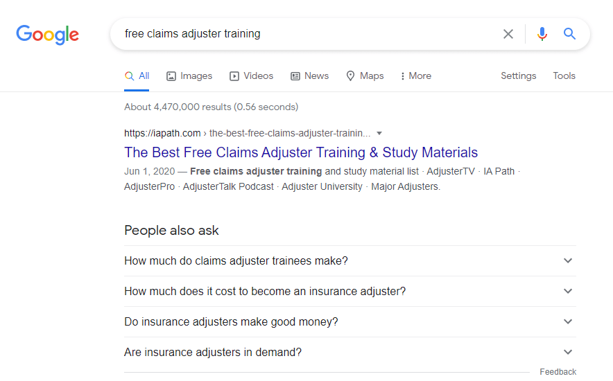 Google search results for free claims adjuster training
