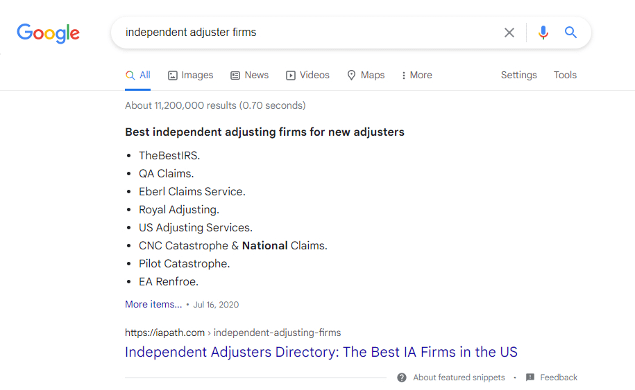 Google search results for independent adjuster firms showing IA Path ranking