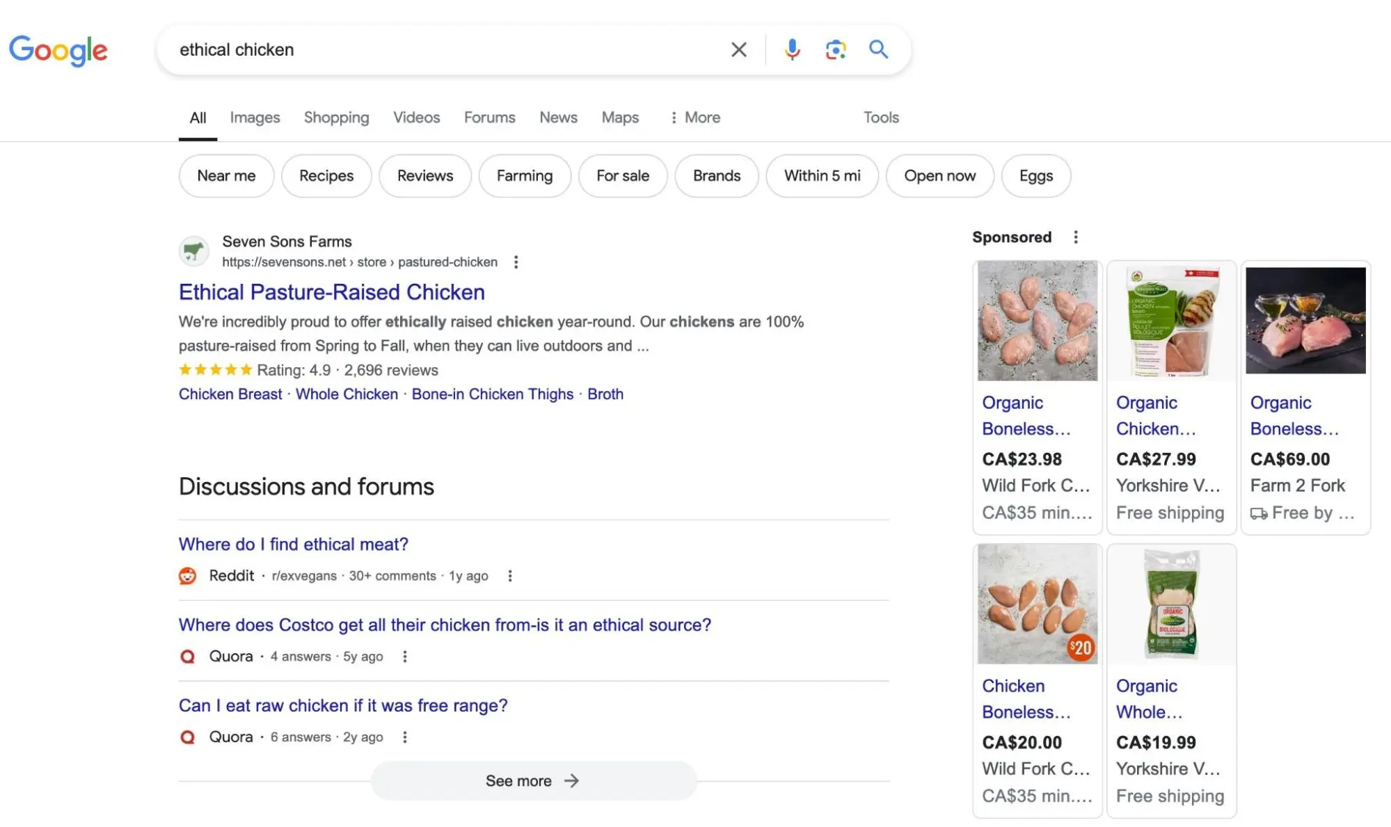Google search results showing Seven Sons ranking #1 for ethical chicken