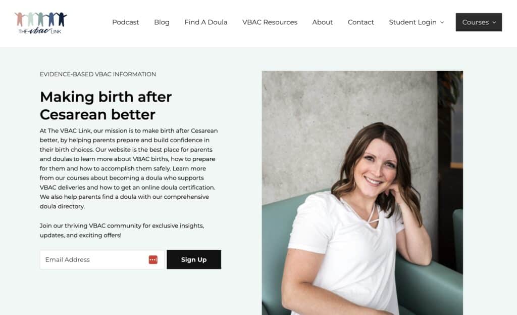 The VBAC Link website homepage