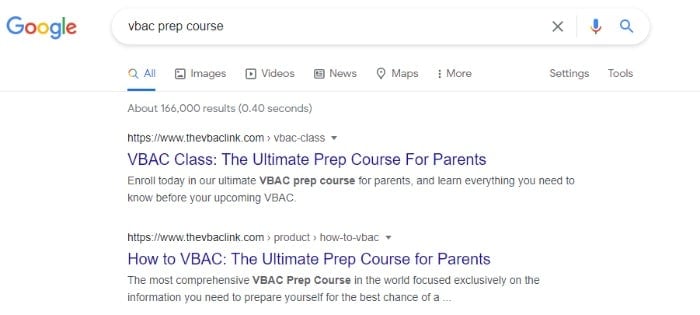 Google search results showing VBAC prep course ranking