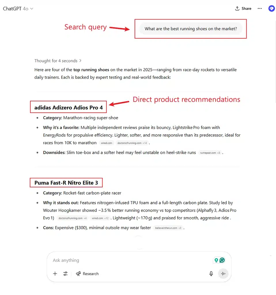 ChatGPT product recommendations showing AI-curated suggestions