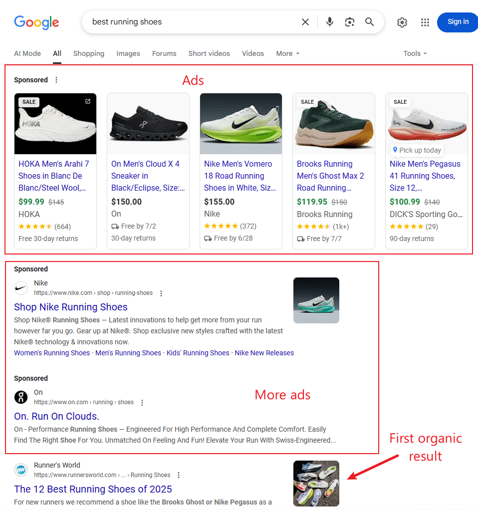 Traditional Google search results page showing organic listings