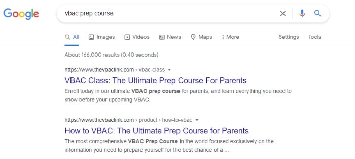 vbac prep course google serp