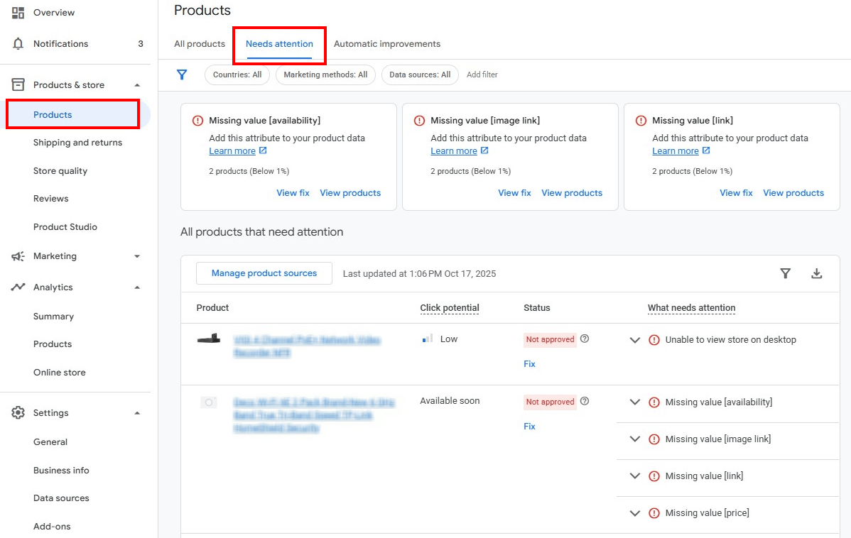 Google Merchant Center - Products with Issues
