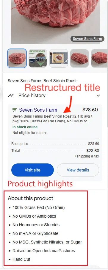 Google Shopping Knowledge Panel showing improved product title and product highlights